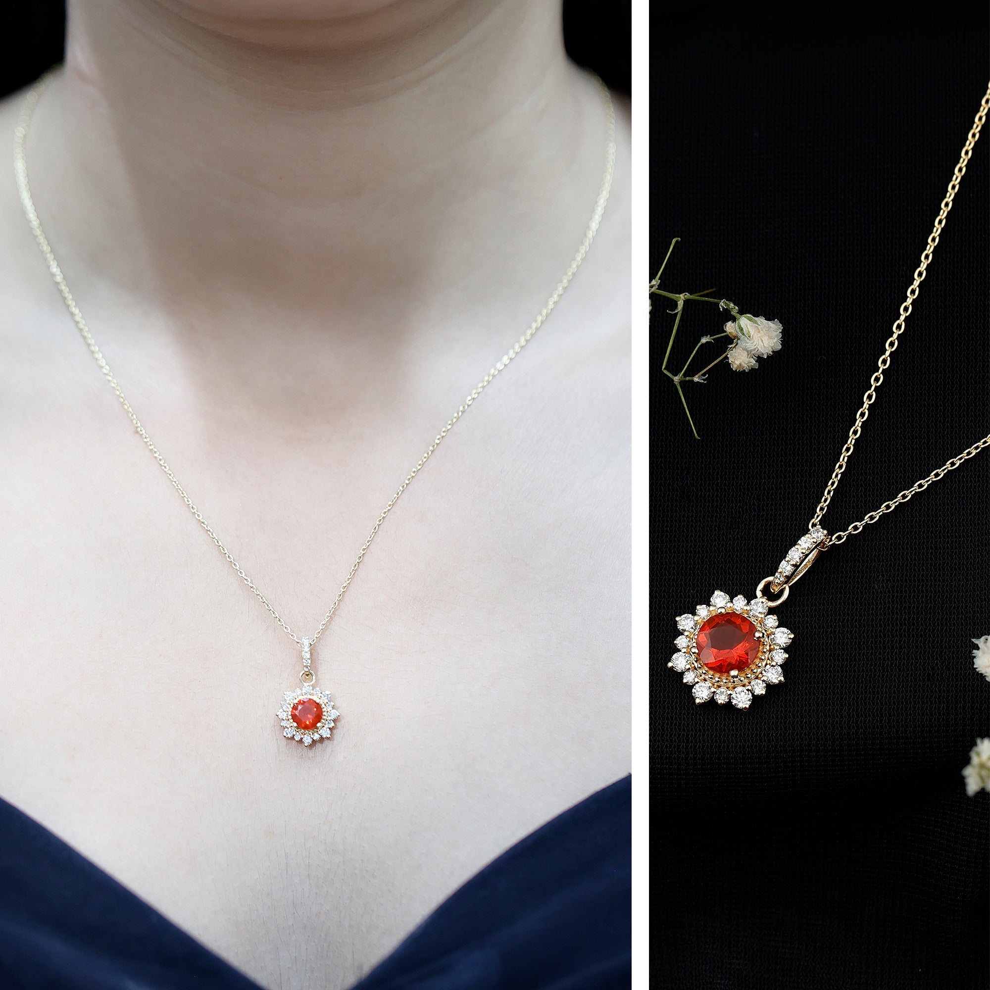 Round Fire Opal Halo Pendant with Diamond Accent Bail