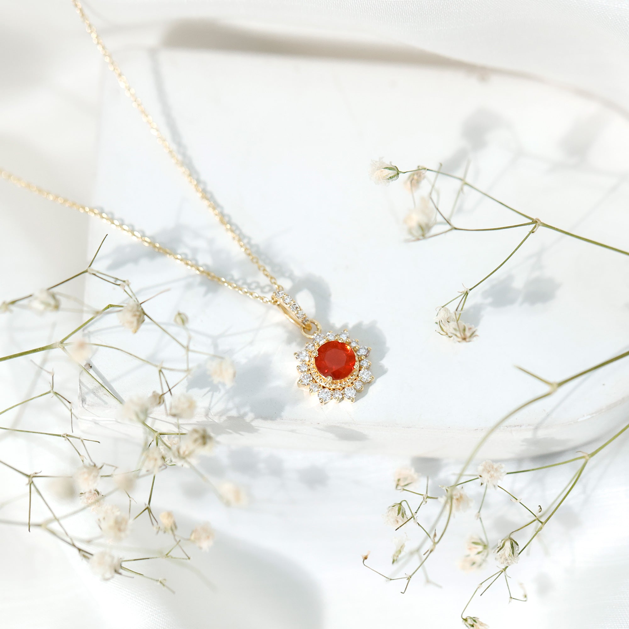 Round Fire Opal Halo Pendant with Diamond Accent Bail