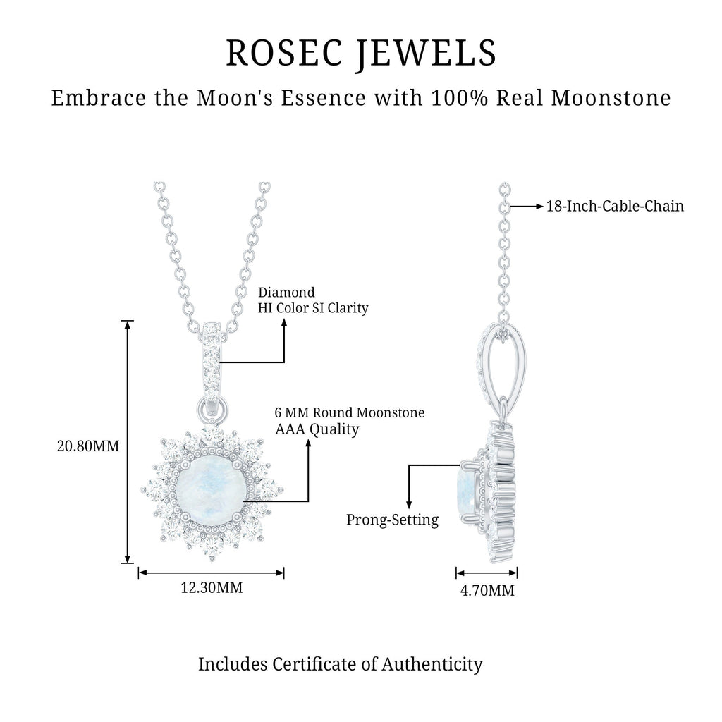6 MM Round Moonstone Pendant with Diamond Halo
