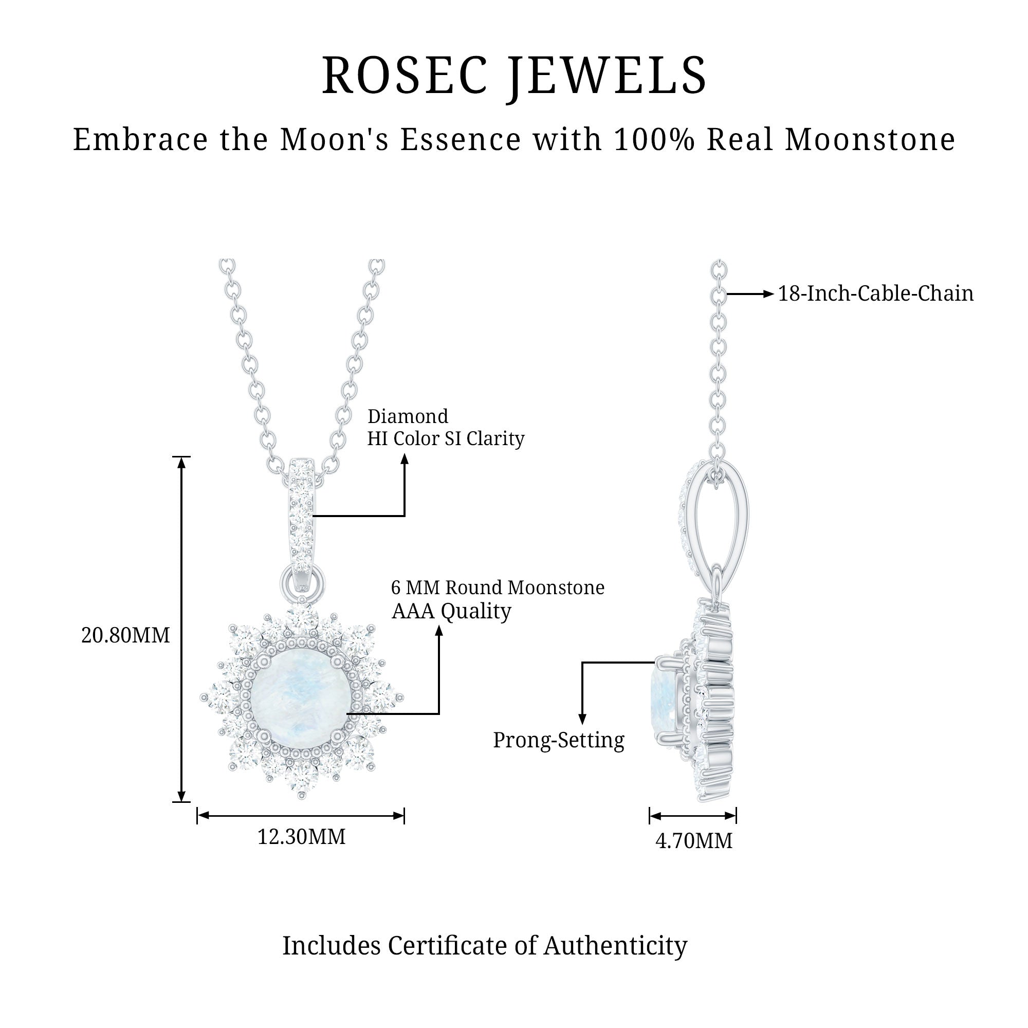 6 MM Round Moonstone Pendant with Diamond Halo