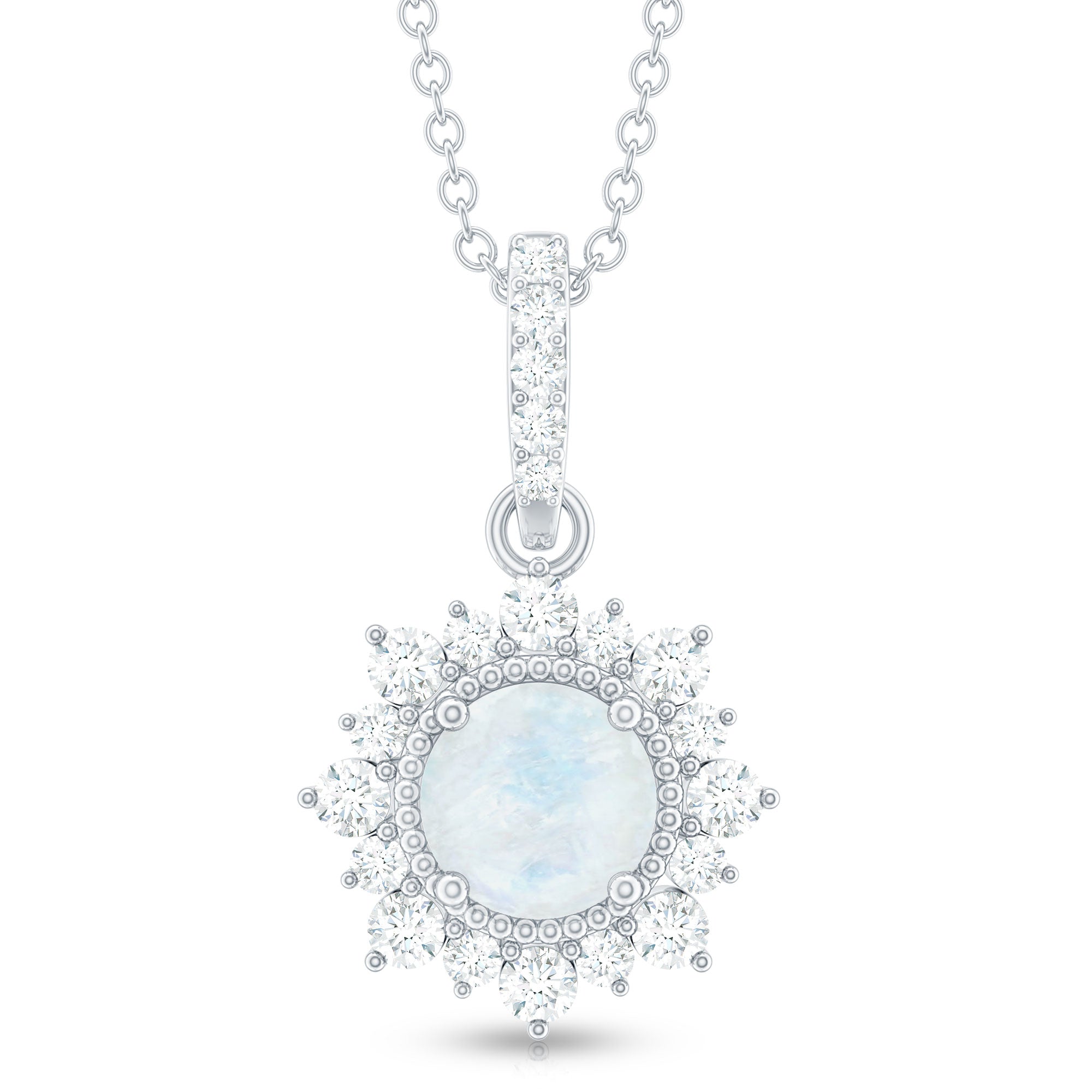 6 MM Round Moonstone Pendant with Diamond Halo