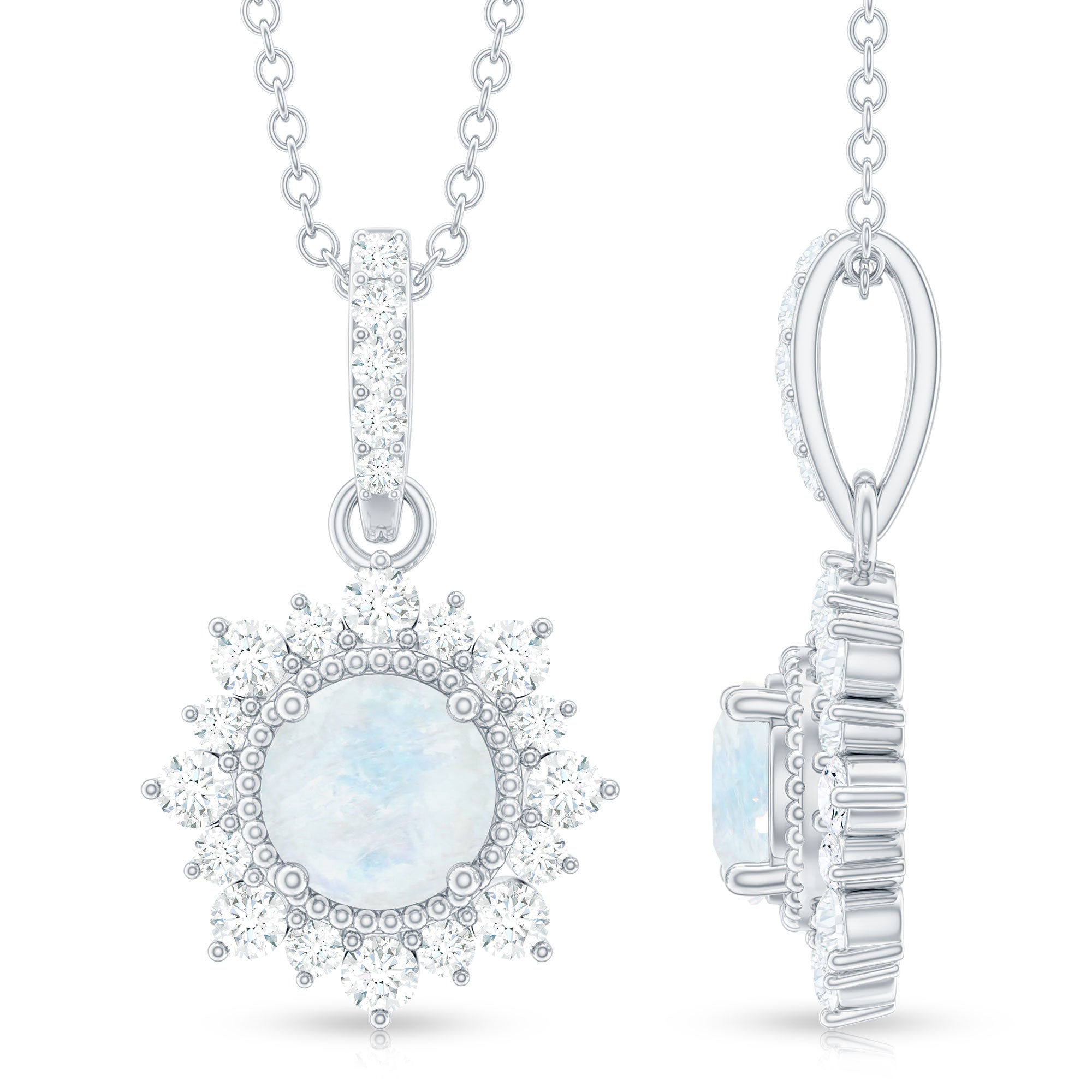 6 MM Round Moonstone Pendant with Diamond Halo