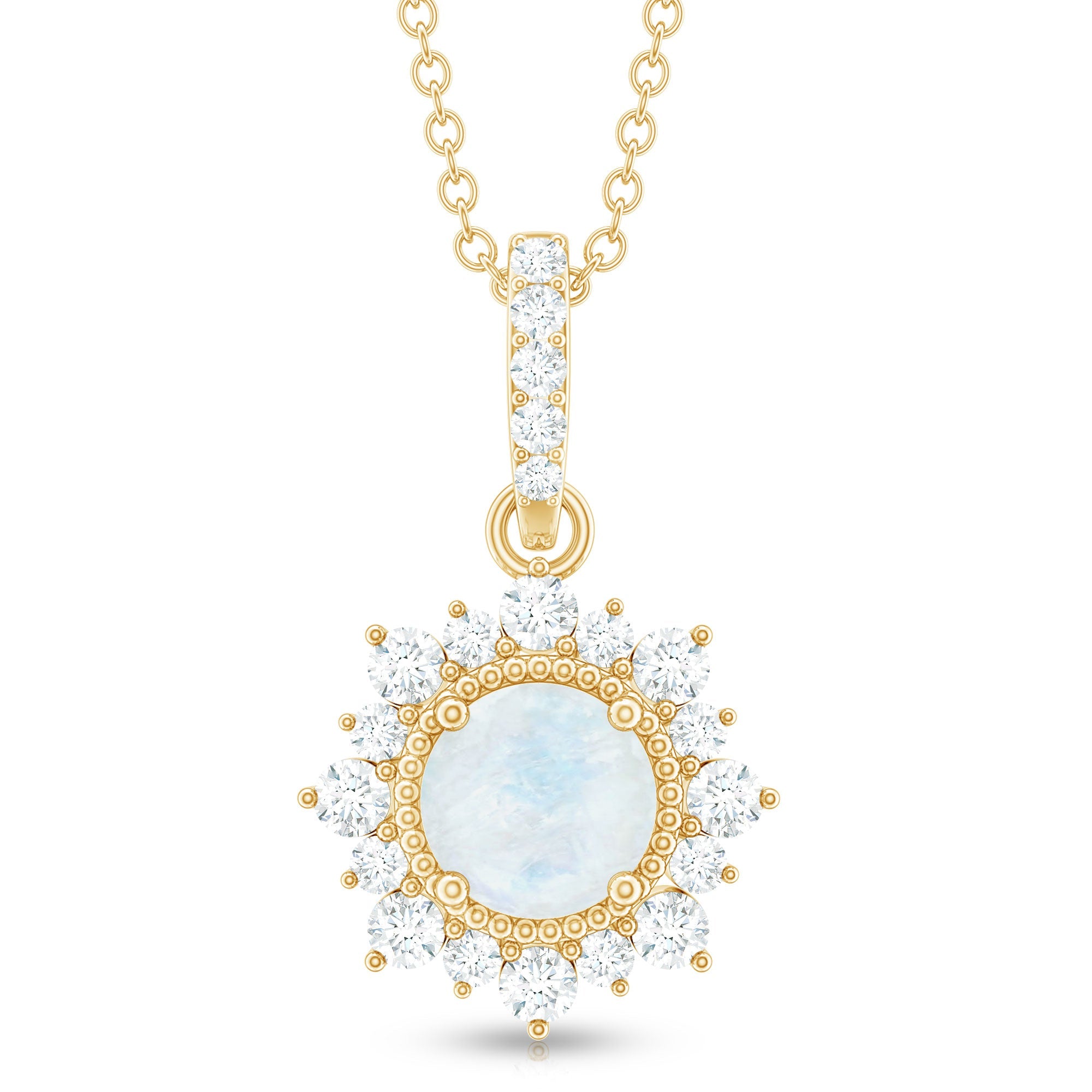6 MM Round Moonstone Pendant with Diamond Halo