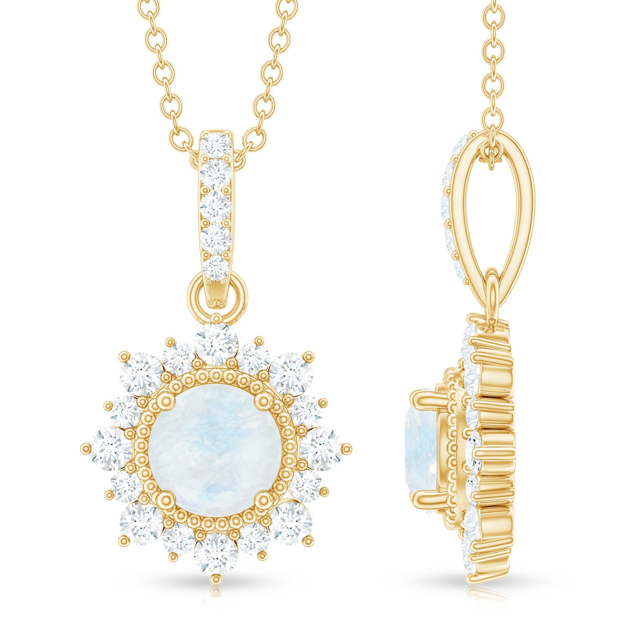 6 MM Round Moonstone Pendant with Diamond Halo