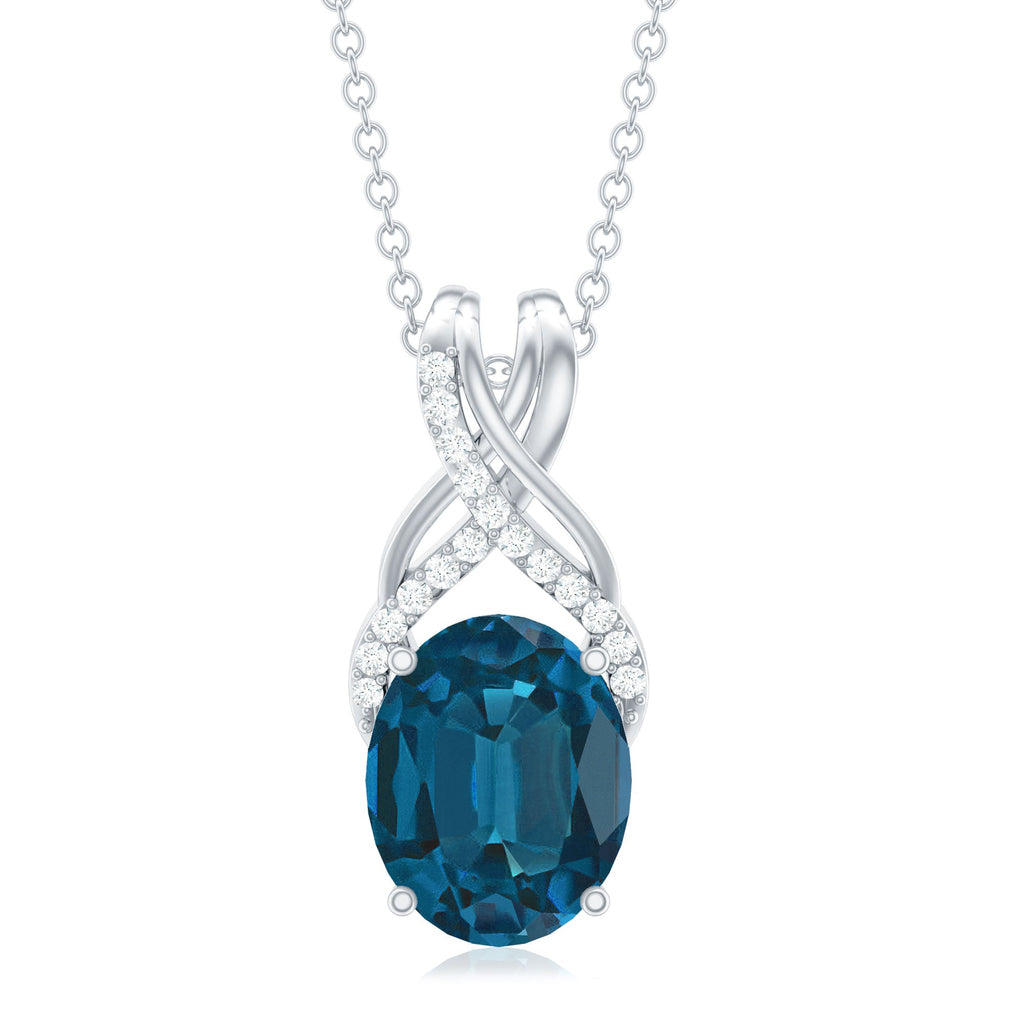 Oval London Blue Topaz Solitaire Pendant with Diamond Twisted Bail