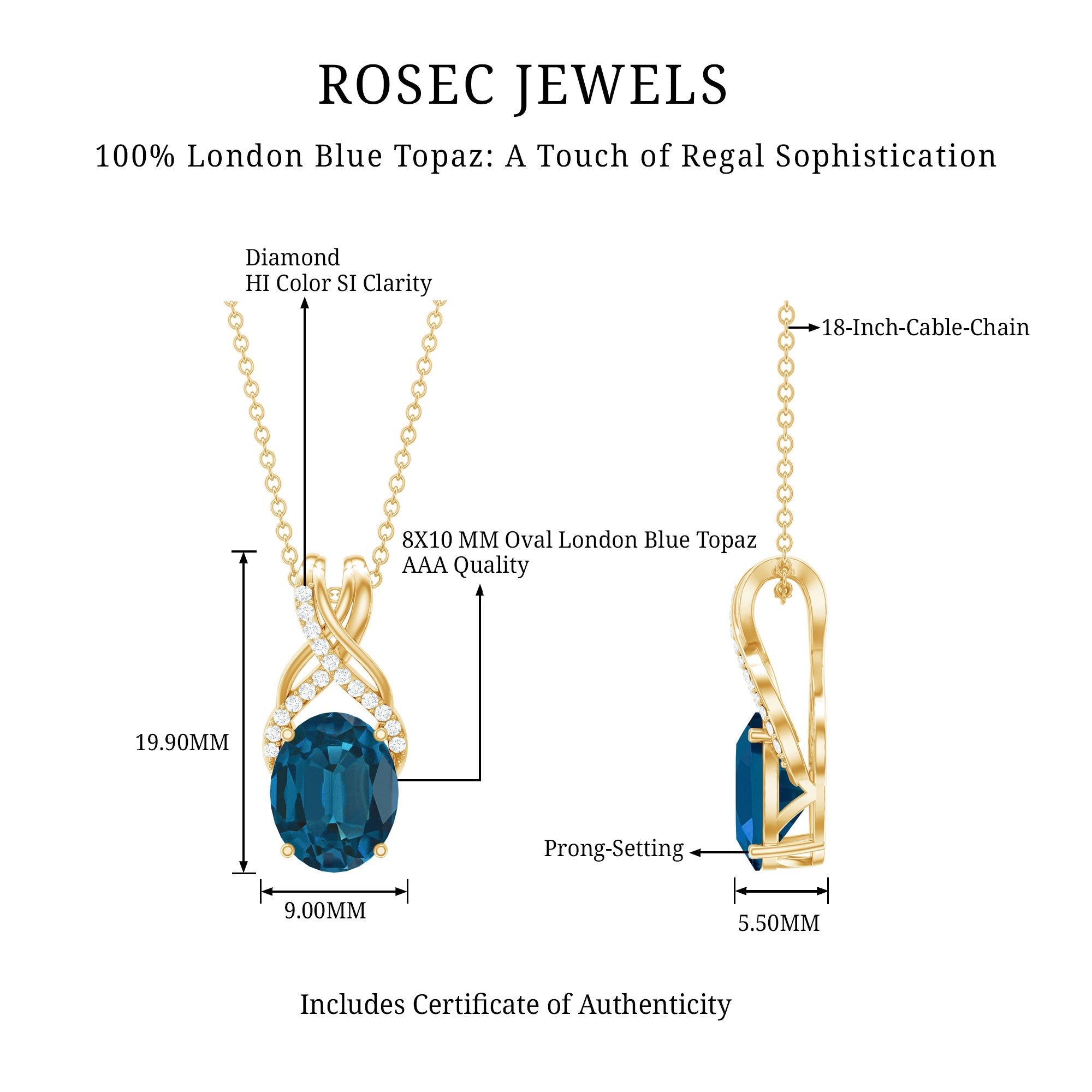 Oval London Blue Topaz Solitaire Pendant with Diamond Twisted Bail