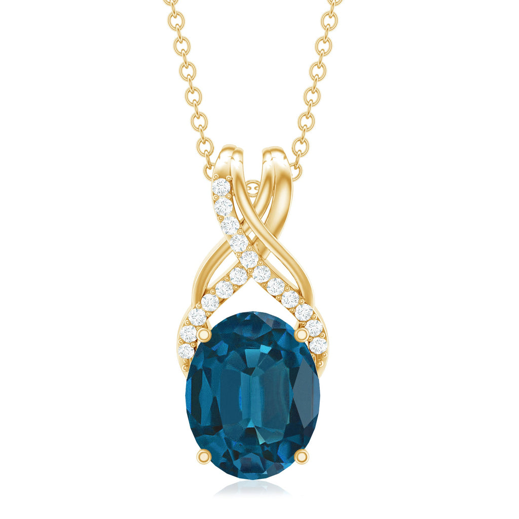 Oval London Blue Topaz Solitaire Pendant with Diamond Twisted Bail