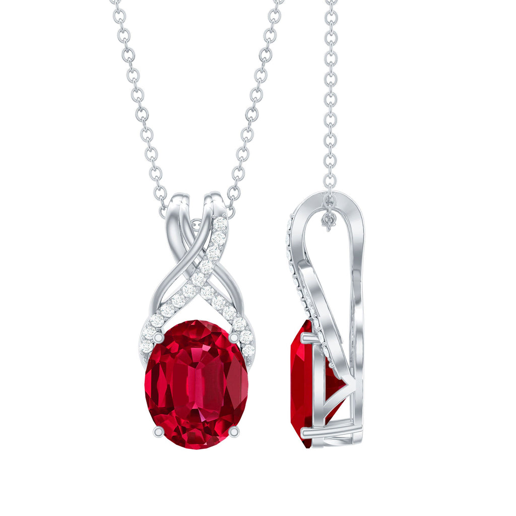 Designer Oval Created Ruby Solitaire Pendant with Diamond Twisted Bail