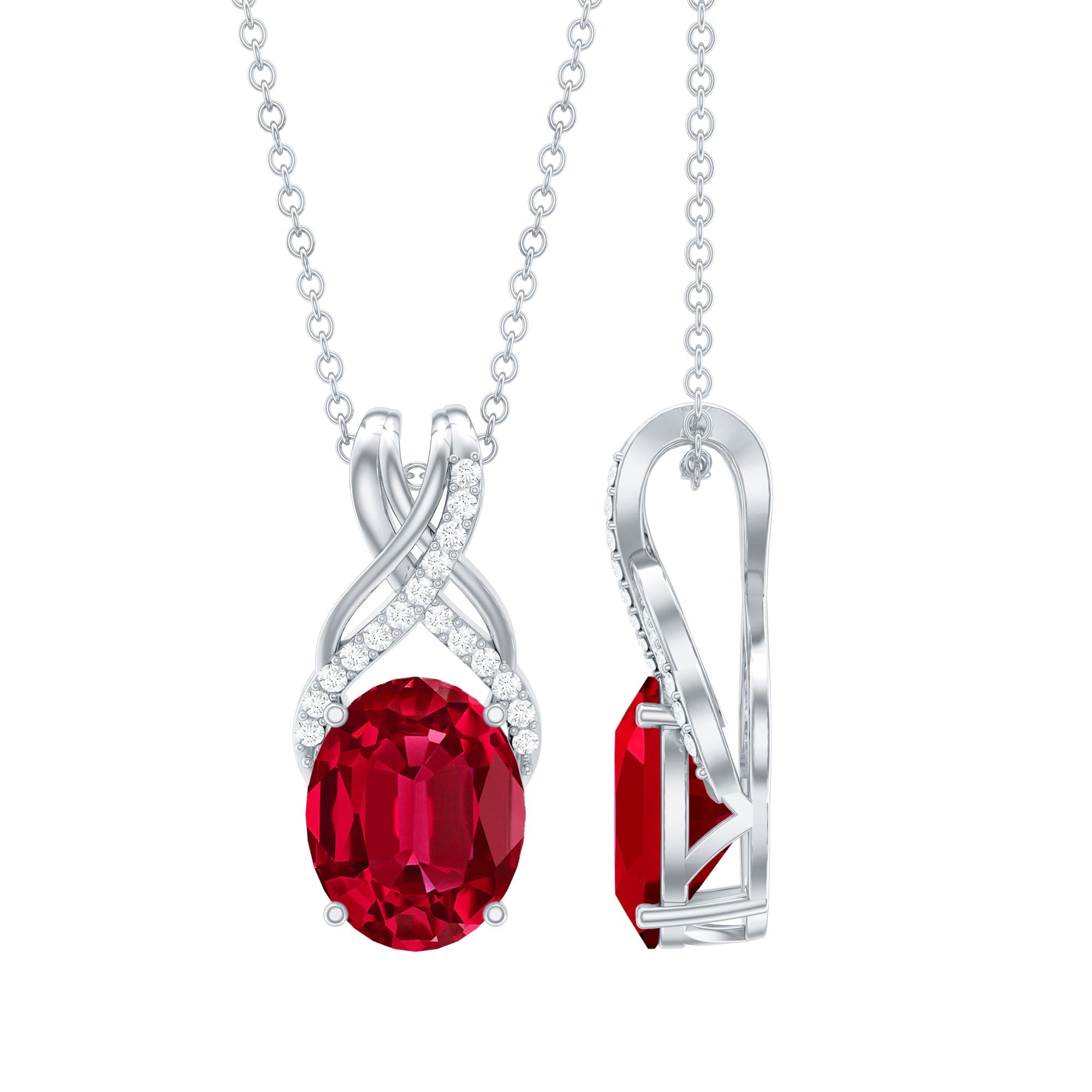Designer Oval Created Ruby Solitaire Pendant with Diamond Twisted Bail