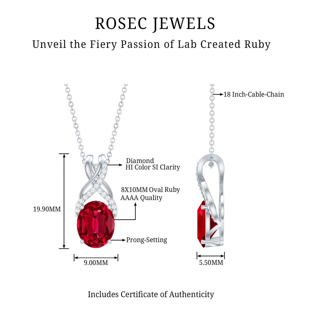 Designer Oval Created Ruby Solitaire Pendant with Diamond Twisted Bail
