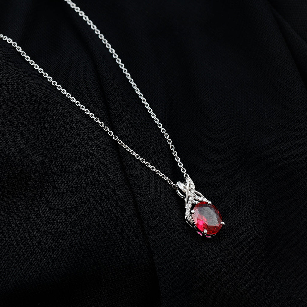 Designer Oval Created Ruby Solitaire Pendant with Diamond Twisted Bail