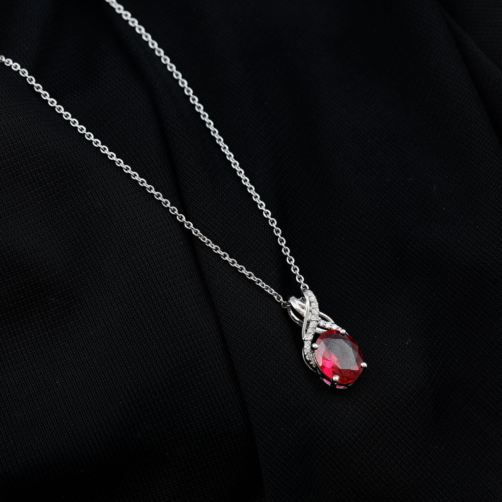 Designer Oval Created Ruby Solitaire Pendant with Diamond Twisted Bail