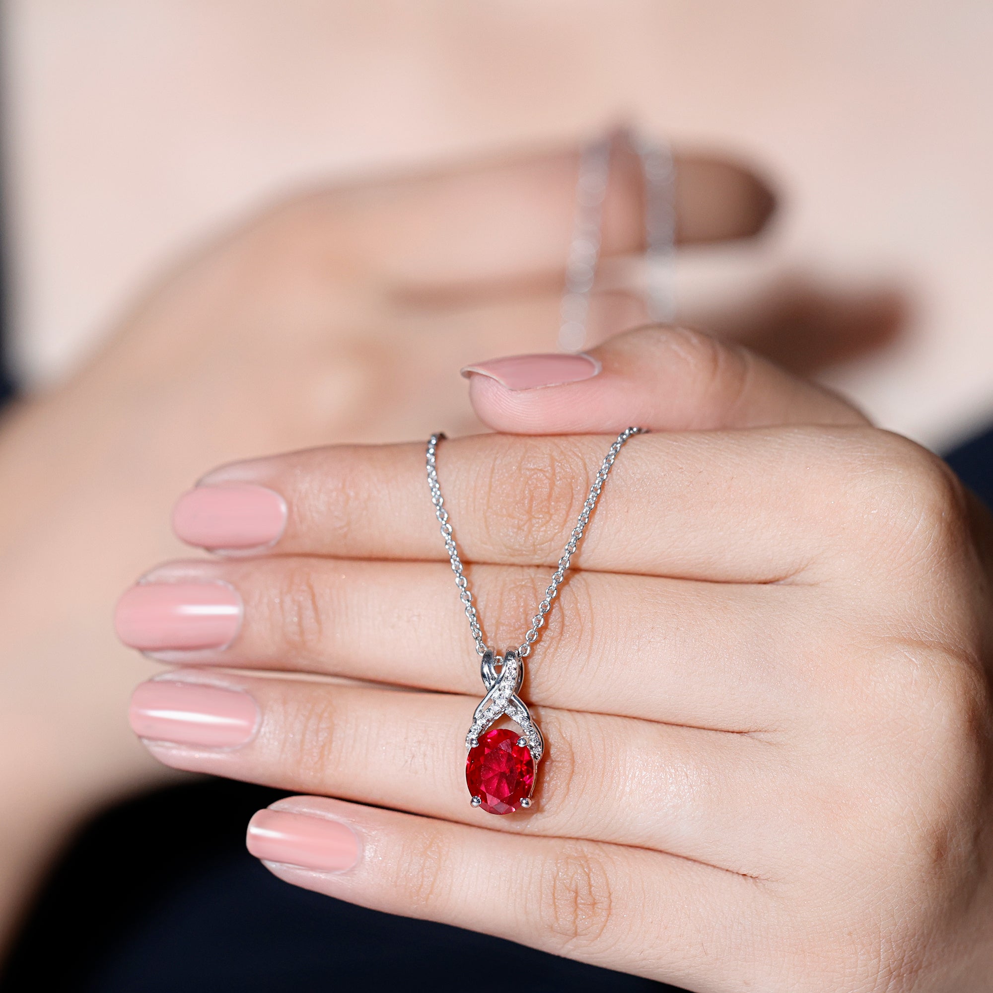 Designer Oval Created Ruby Solitaire Pendant with Diamond Twisted Bail