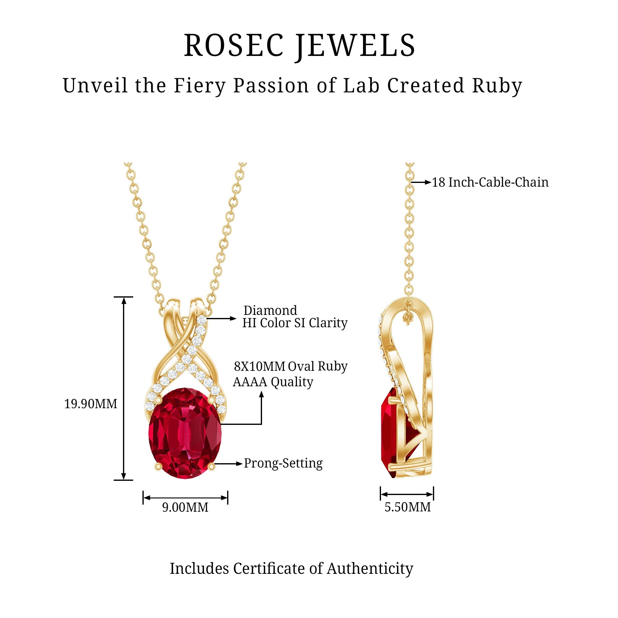 Designer Oval Created Ruby Solitaire Pendant with Diamond Twisted Bail