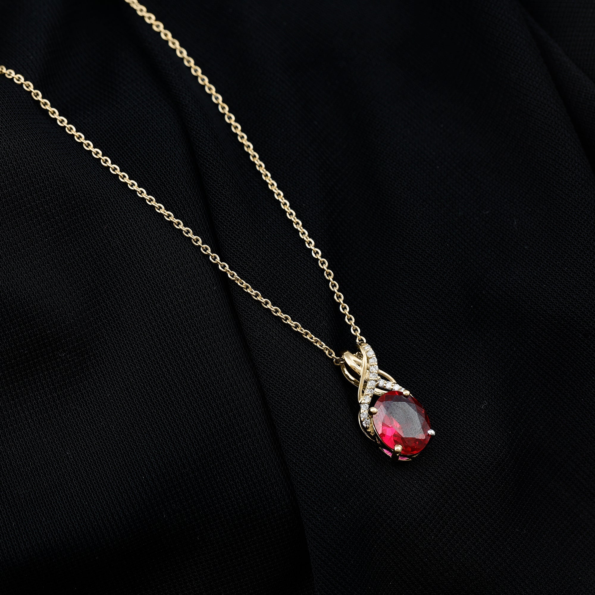 Designer Oval Created Ruby Solitaire Pendant with Diamond Twisted Bail