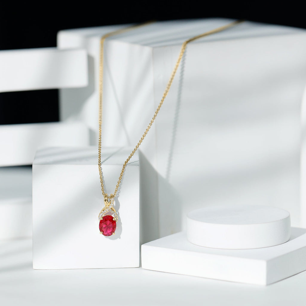 Designer Oval Created Ruby Solitaire Pendant with Diamond Twisted Bail