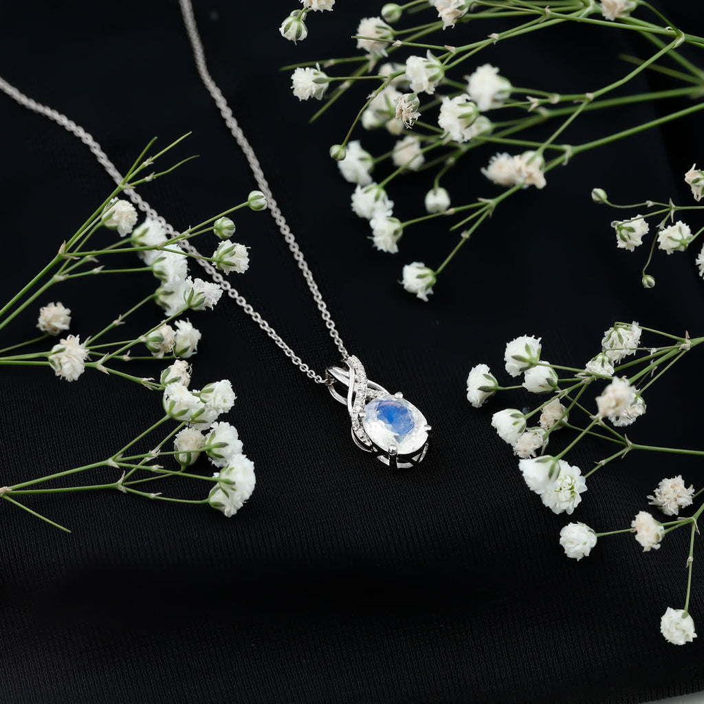Real 0.6 Carat Oval Shape Moonstone Necklace with Diamond Twisted Bail