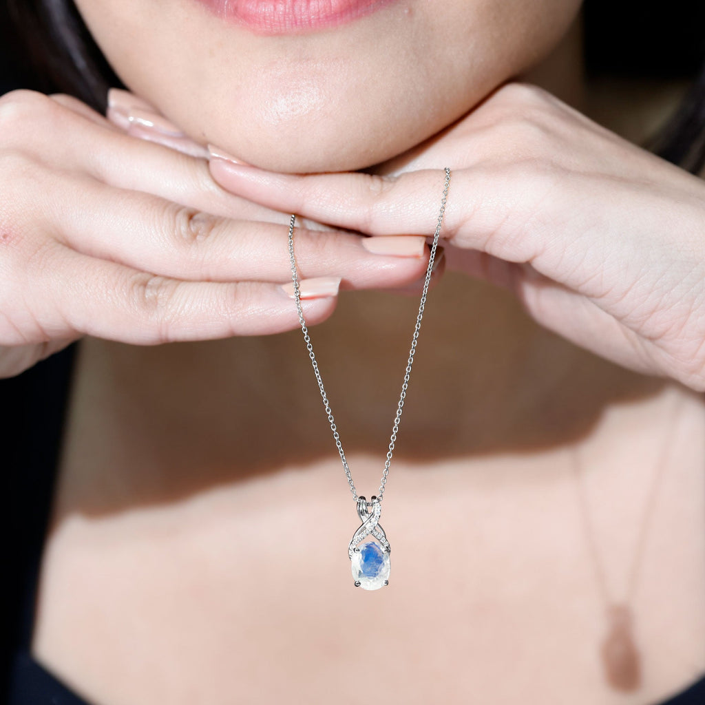 Real 0.6 Carat Oval Shape Moonstone Necklace with Diamond Twisted Bail