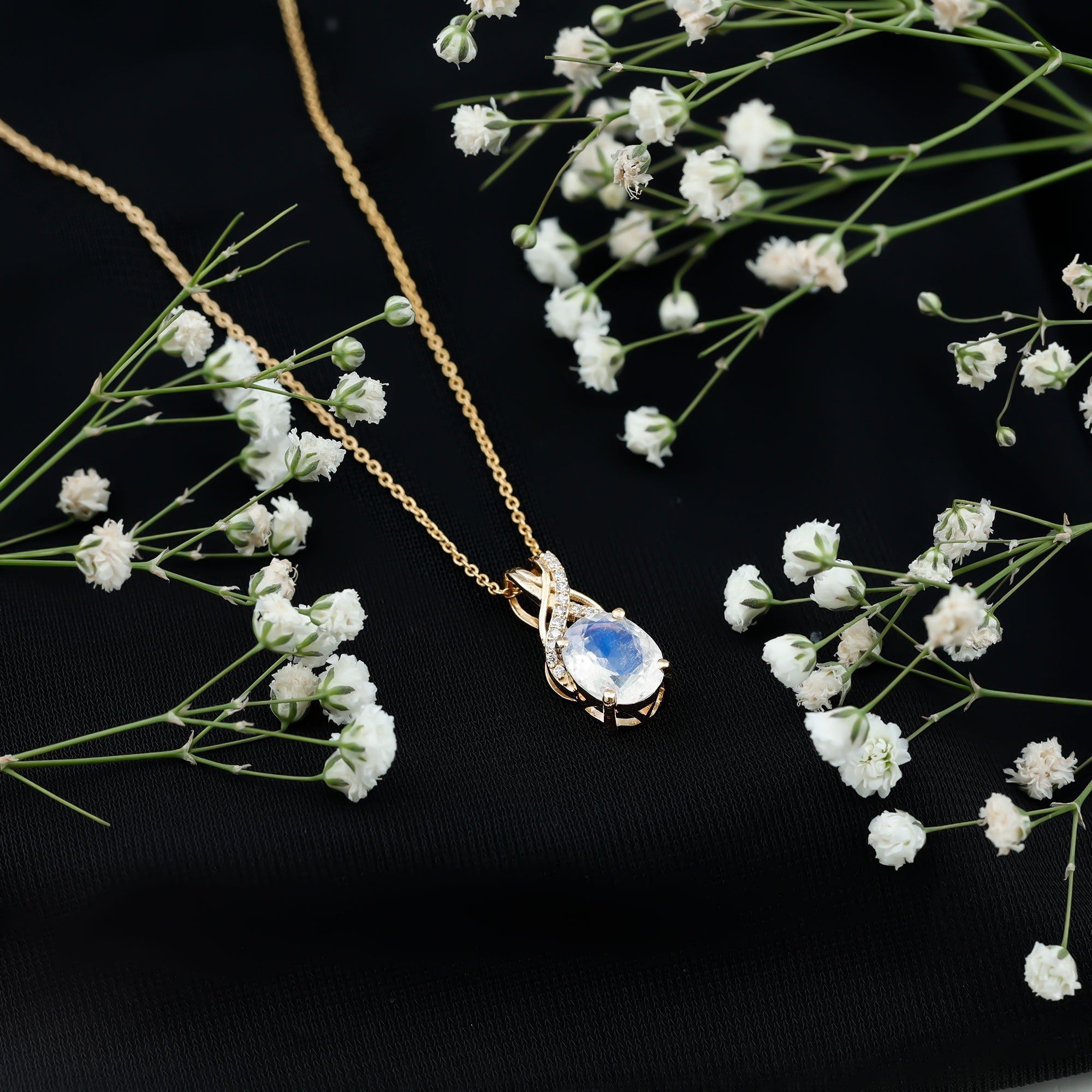 Real 0.6 Carat Oval Shape Moonstone Necklace with Diamond Twisted Bail