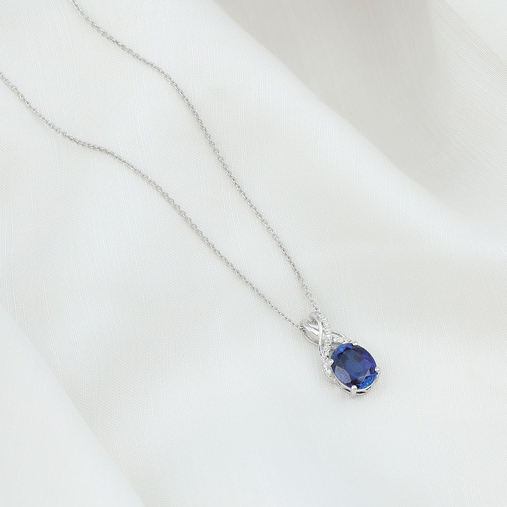 4 Carat Oval Lab Created Blue Sapphire Necklace with Diamond Twisted Bail
