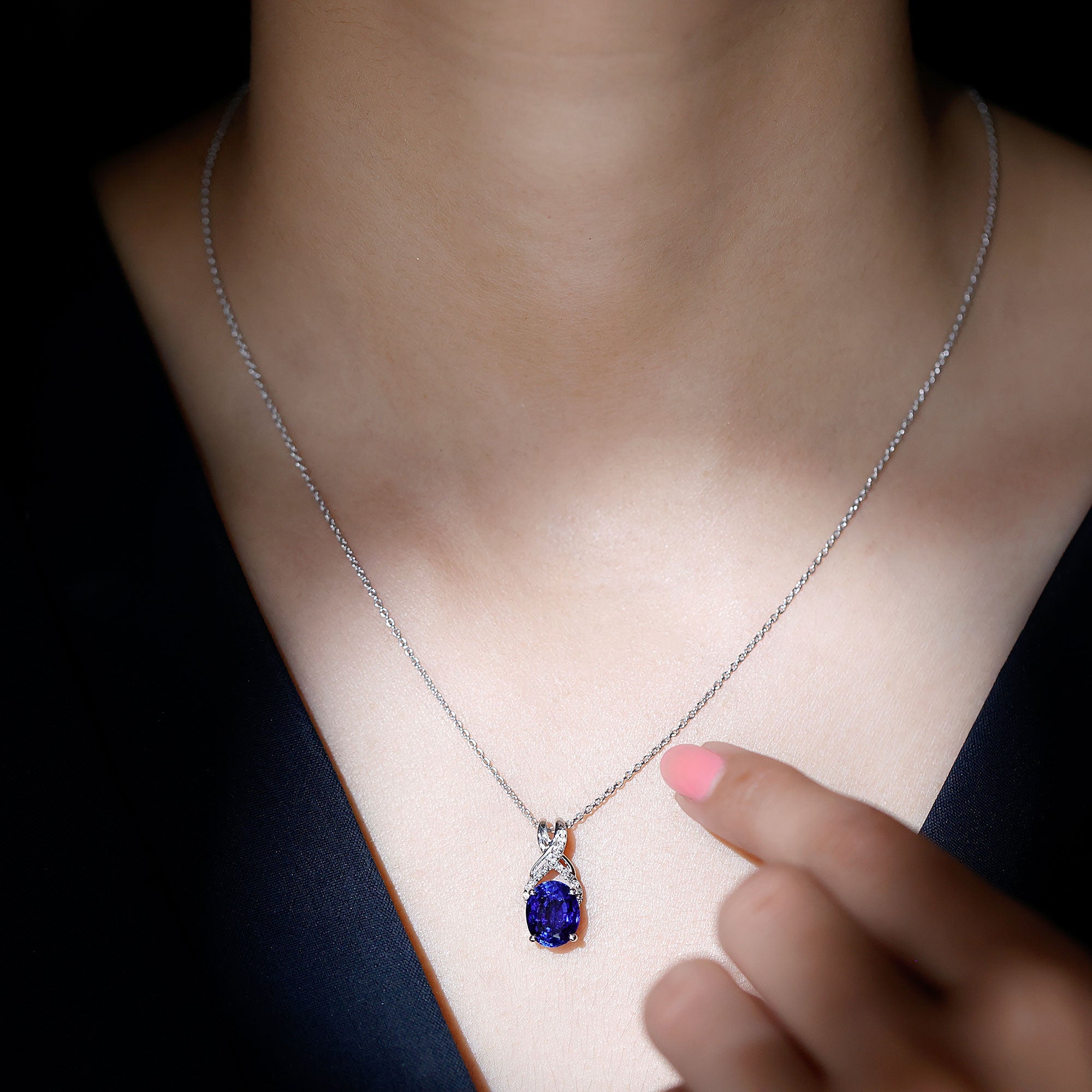4 Carat Oval Lab Created Blue Sapphire Necklace with Diamond Twisted Bail