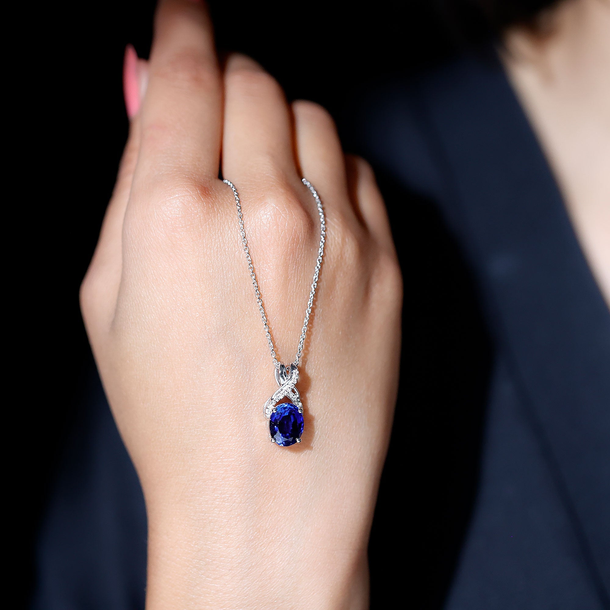 4 Carat Oval Lab Created Blue Sapphire Necklace with Diamond Twisted Bail