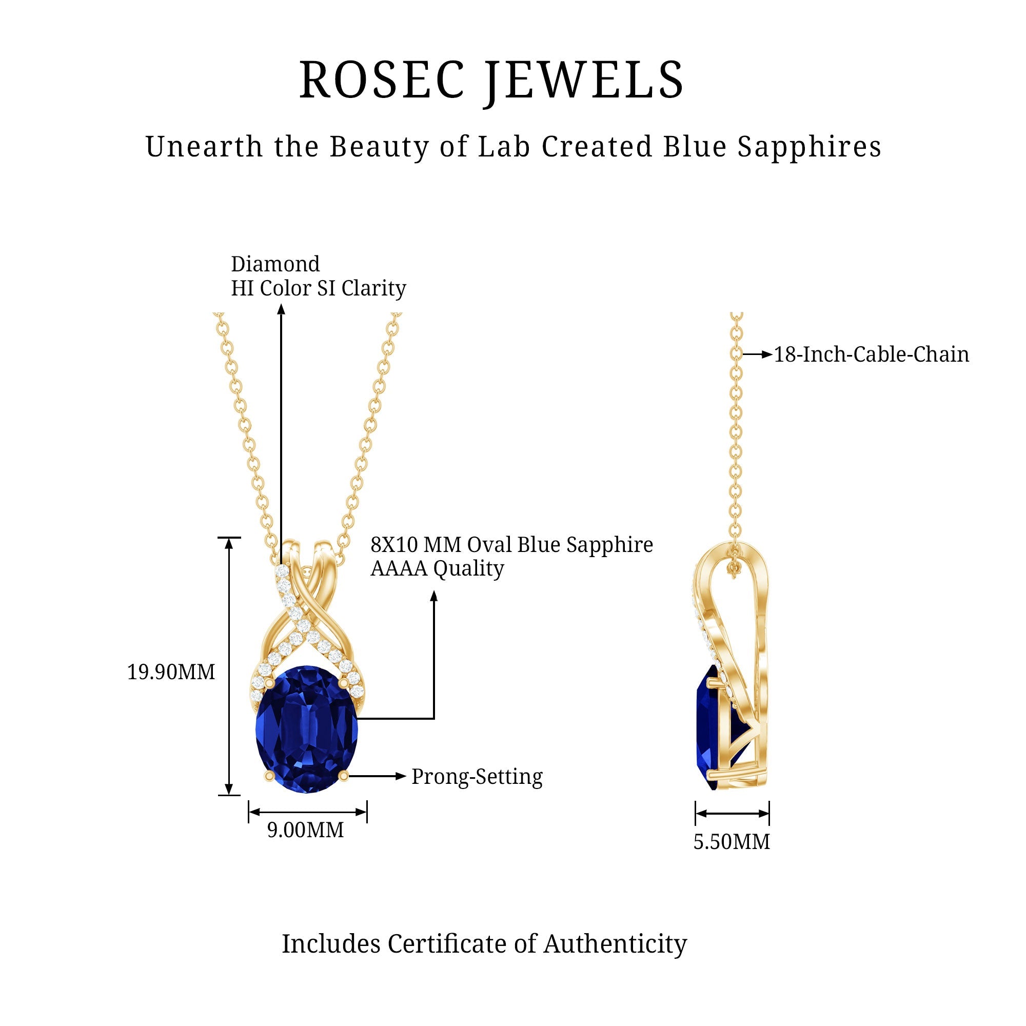 4 Carat Oval Lab Created Blue Sapphire Necklace with Diamond Twisted Bail