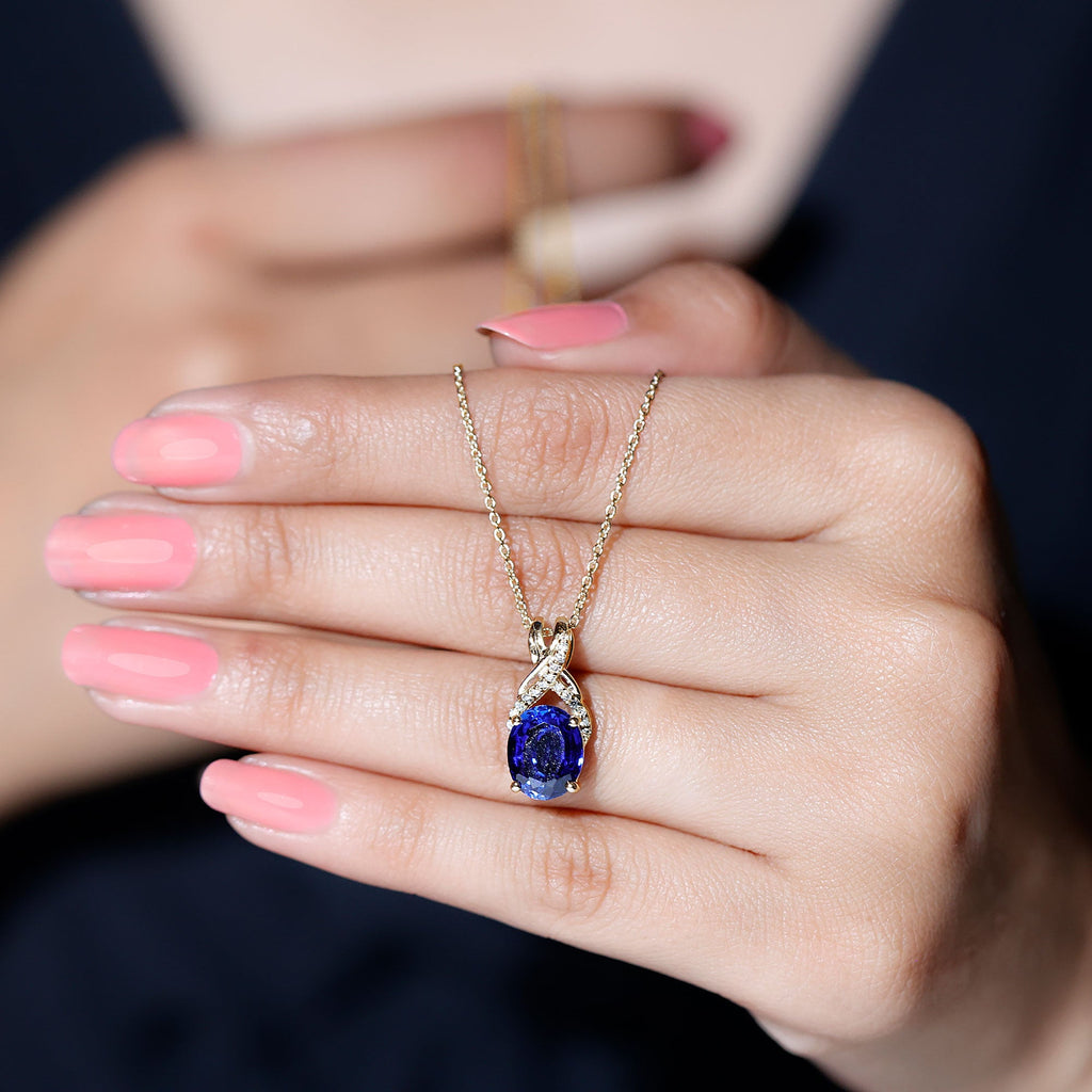 4 Carat Oval Lab Created Blue Sapphire Necklace with Diamond Twisted Bail