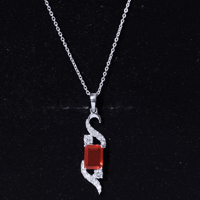 2.25 CT Emerald Cut Fire Opal Designer Drop Pendant with Diamond