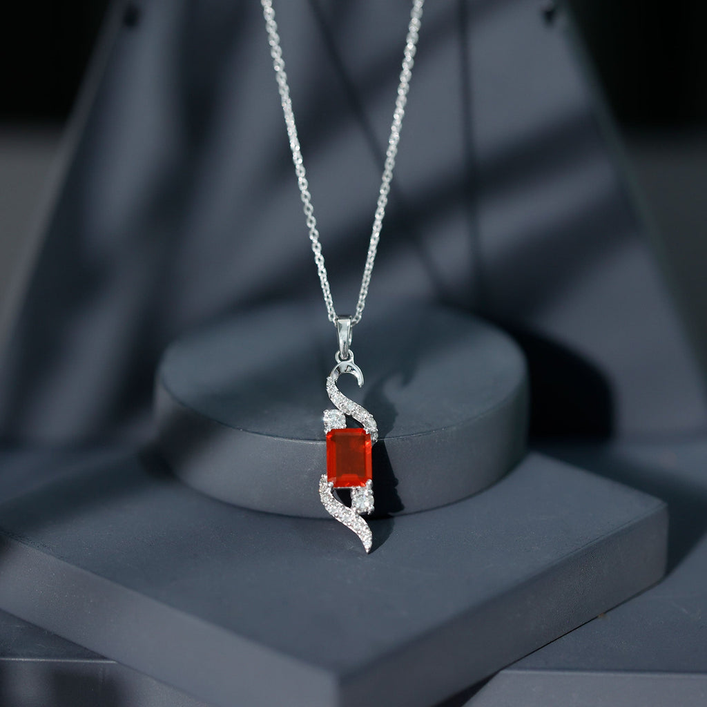 2.25 CT Emerald Cut Fire Opal Designer Drop Pendant with Diamond