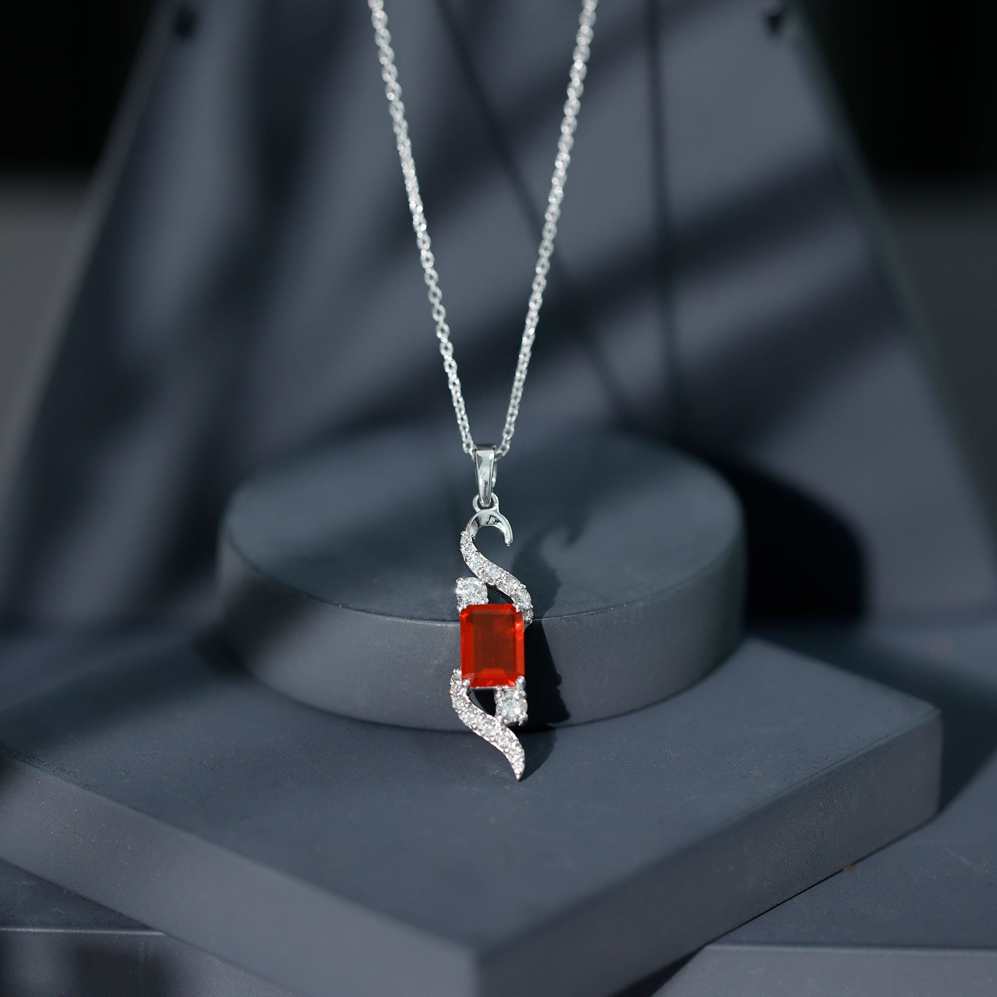 2.25 CT Emerald Cut Fire Opal Designer Drop Pendant with Diamond