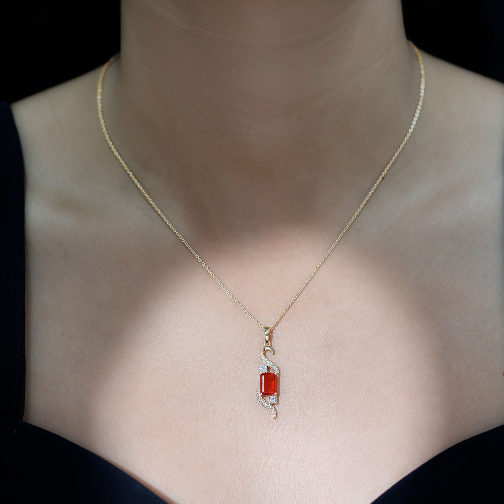 2.25 CT Emerald Cut Fire Opal Designer Drop Pendant with Diamond