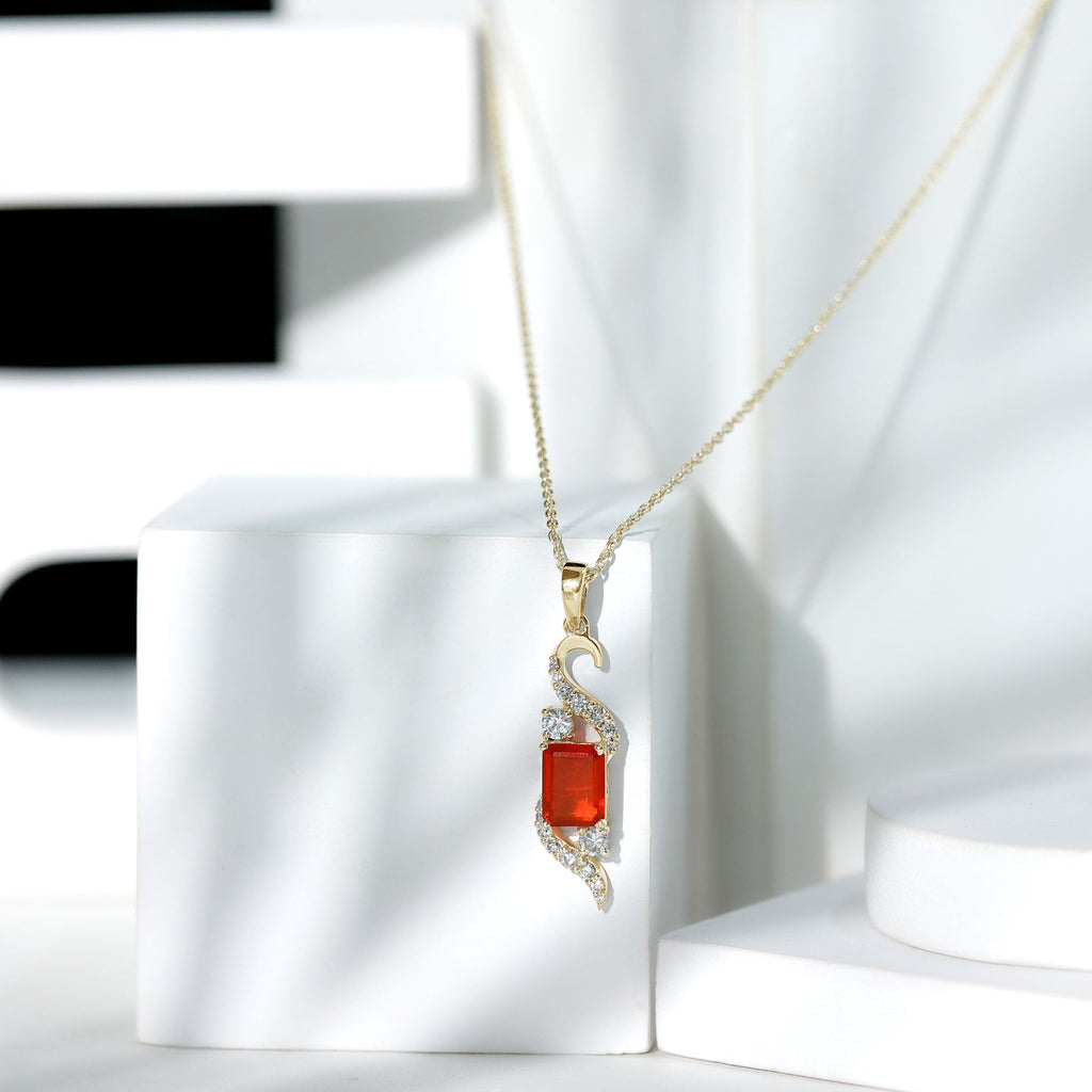 2.25 CT Emerald Cut Fire Opal Designer Drop Pendant with Diamond