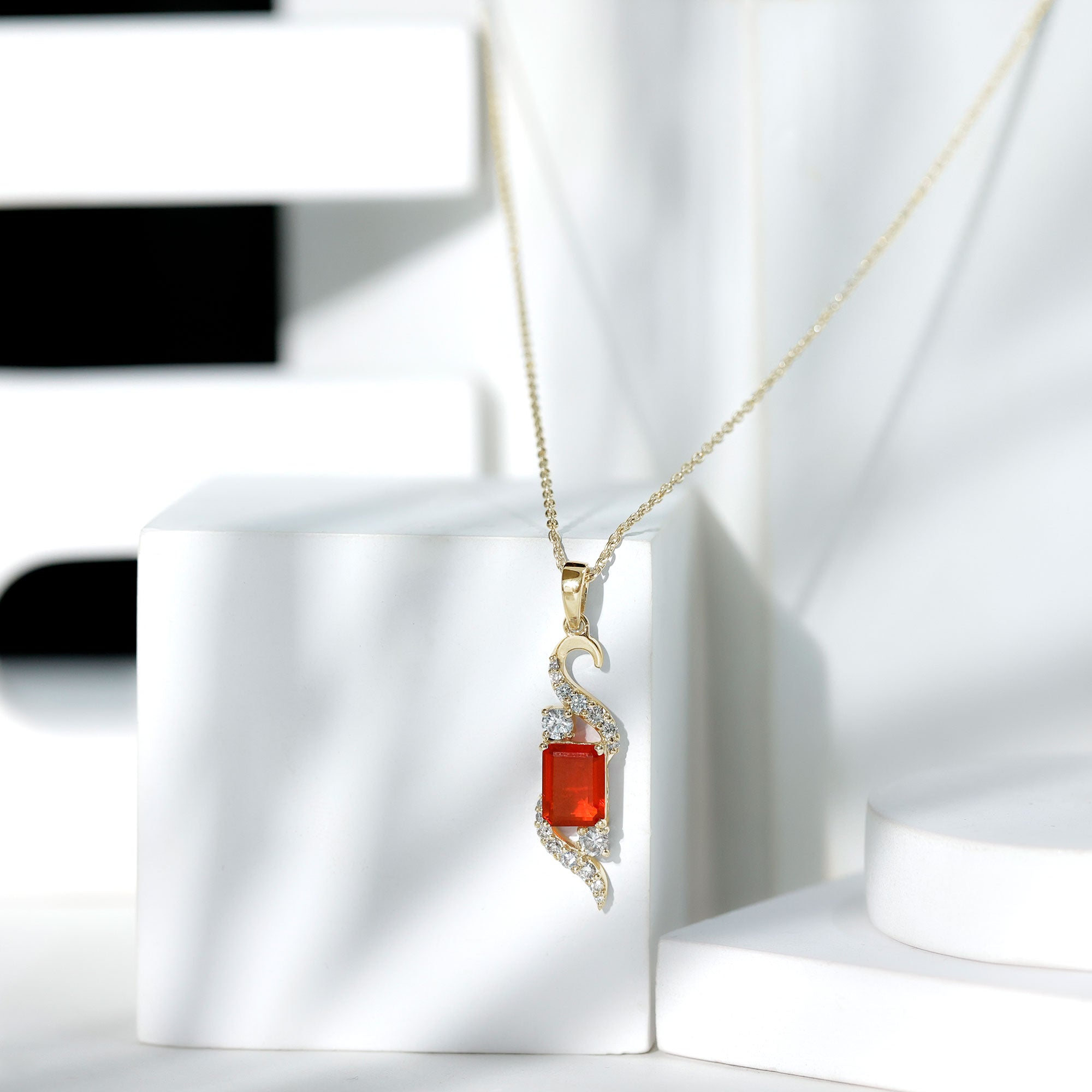 2.25 CT Emerald Cut Fire Opal Designer Drop Pendant with Diamond