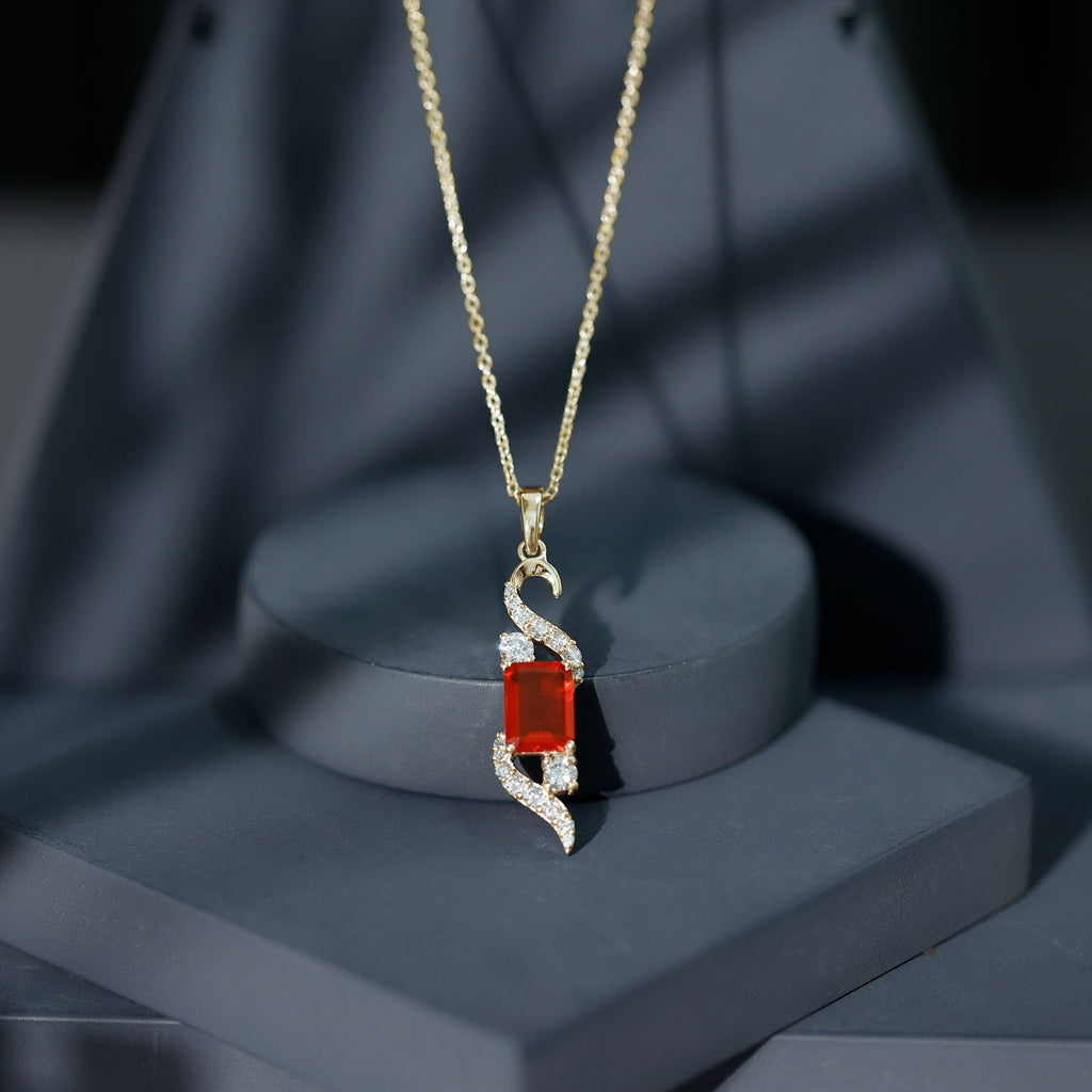 2.25 CT Emerald Cut Fire Opal Designer Drop Pendant with Diamond