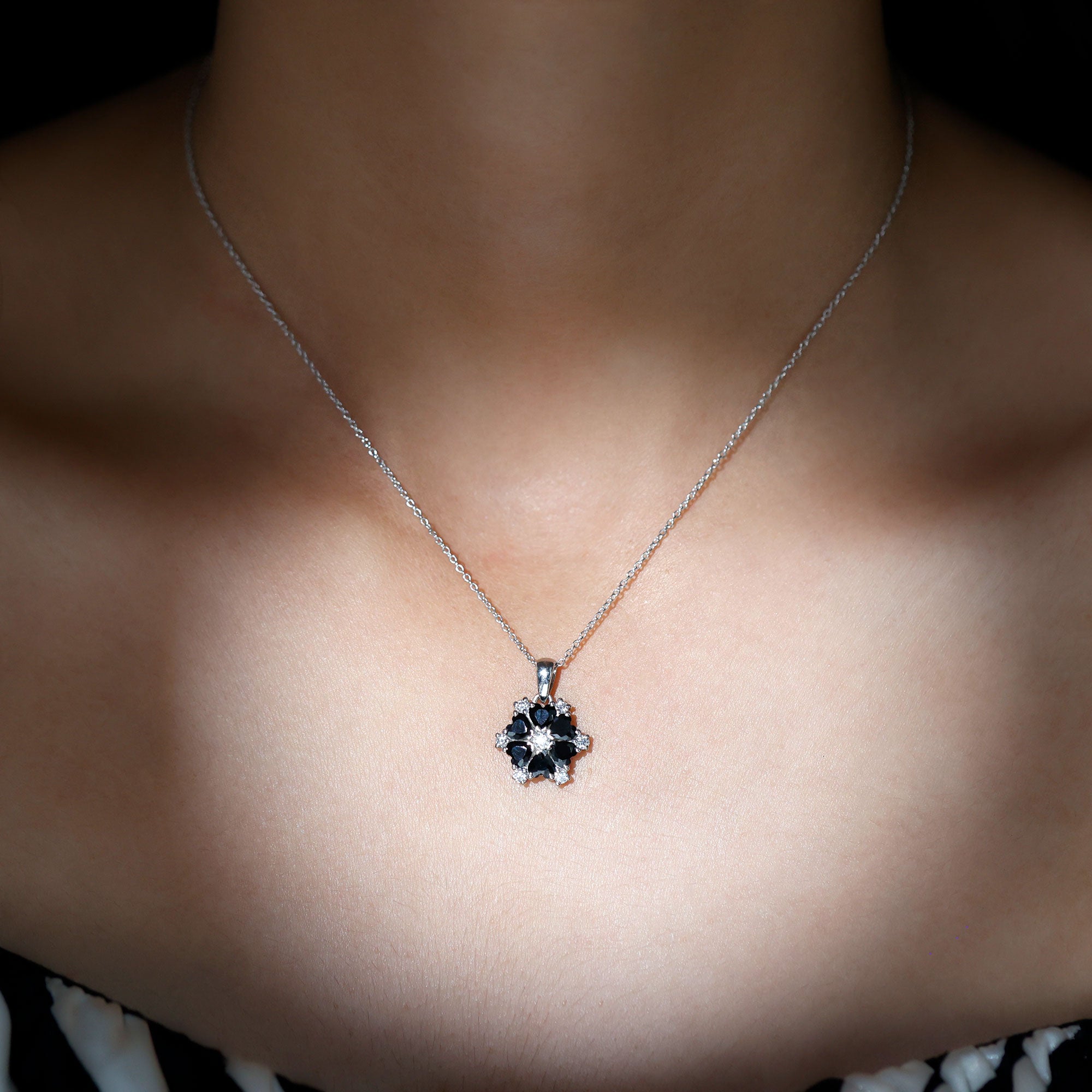 Heart Lab Created Black Diamond Flower Pendant Necklace