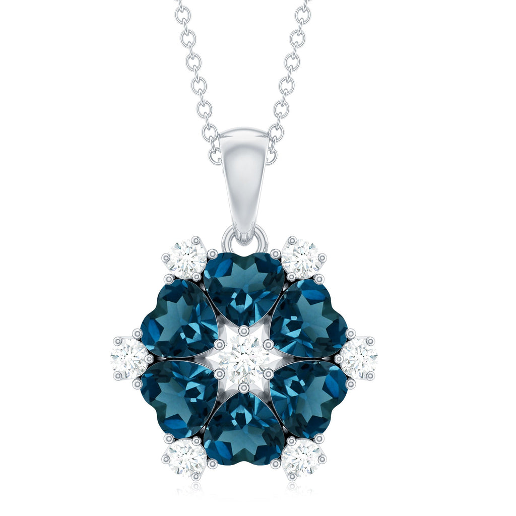 Heart Shape London Blue Topaz and Diamond Flower Pendant