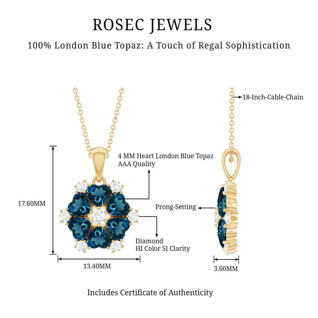 Heart Shape London Blue Topaz and Diamond Flower Pendant