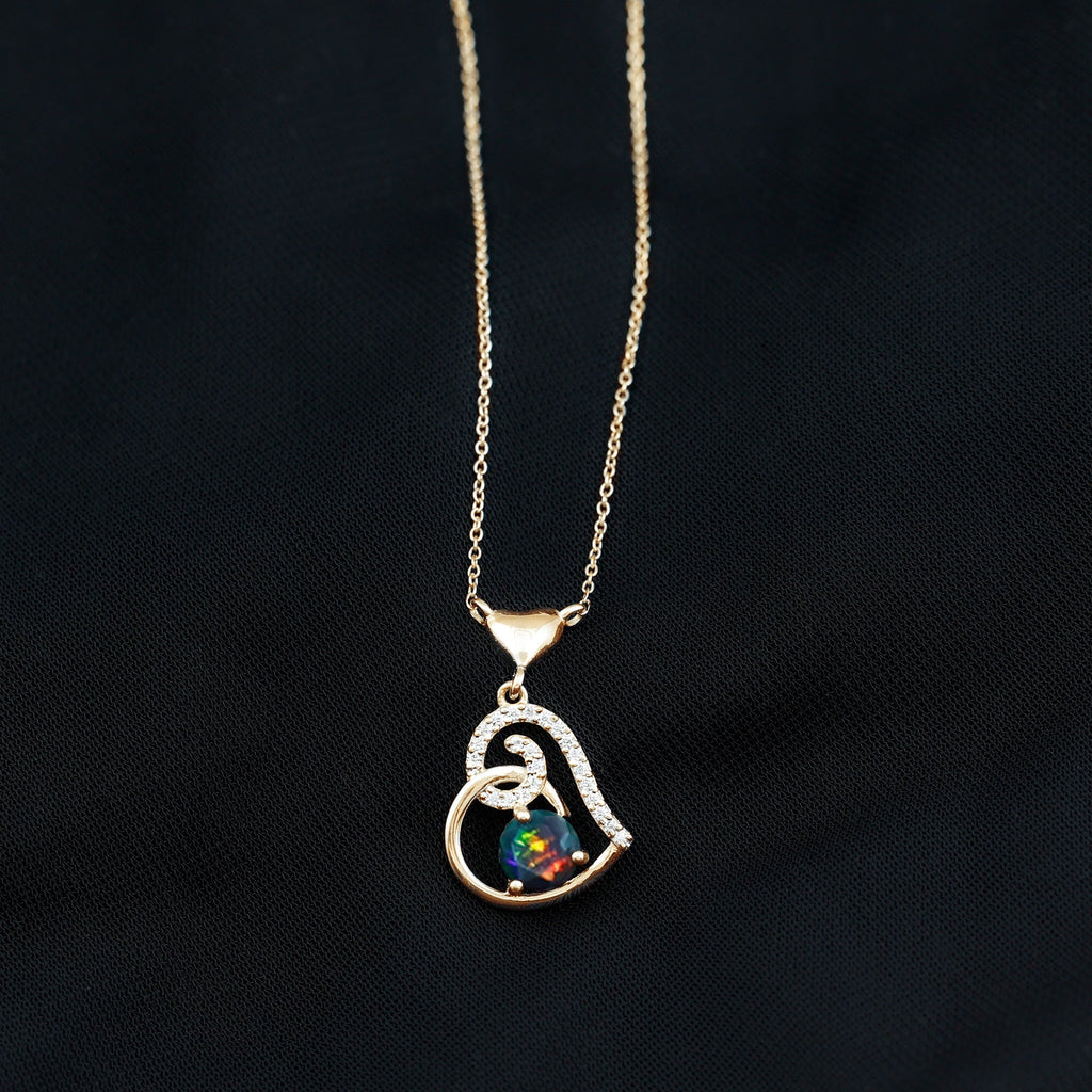 Genuine Black Opal and Moissanite Heart Drop Necklace
