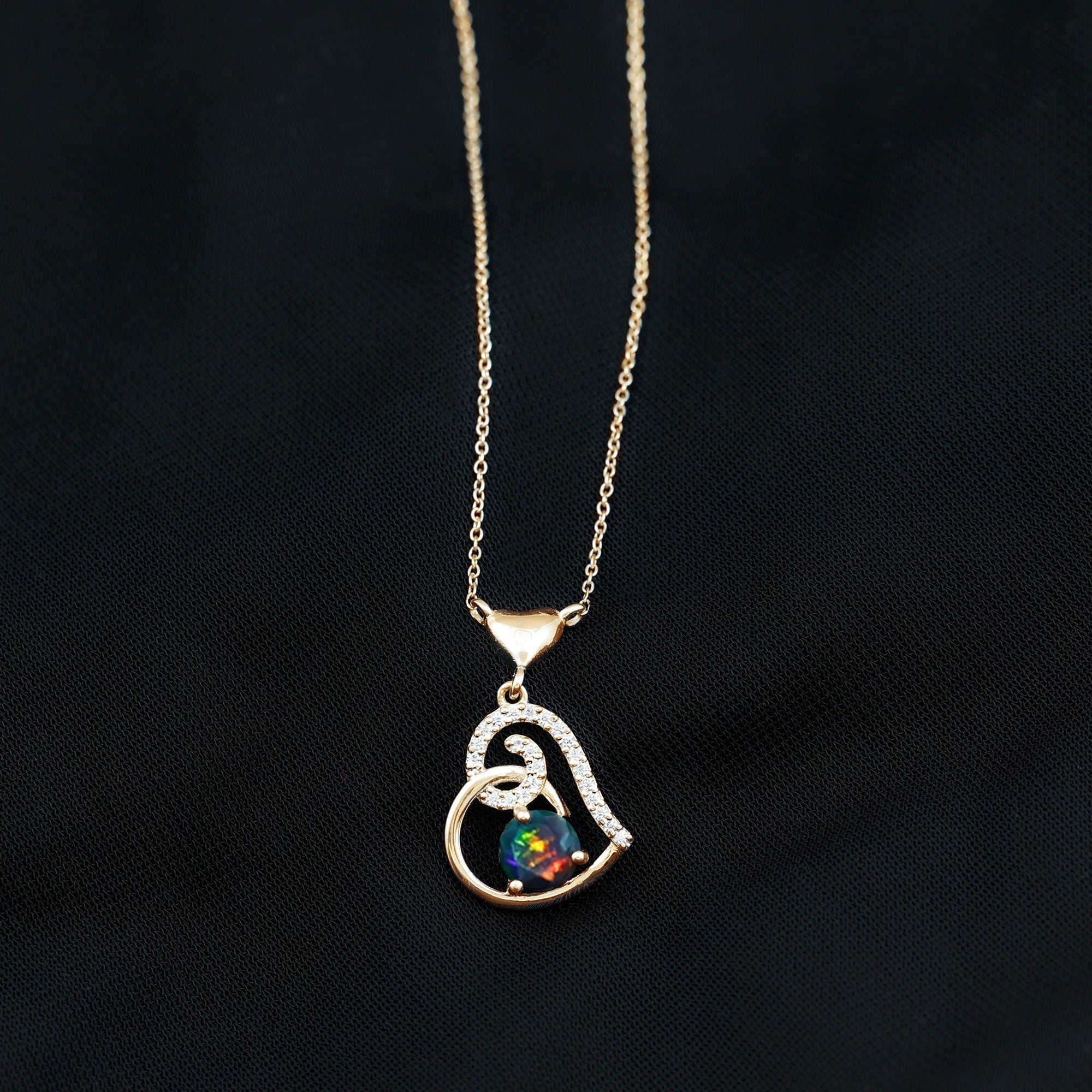 Genuine Black Opal and Moissanite Heart Drop Necklace