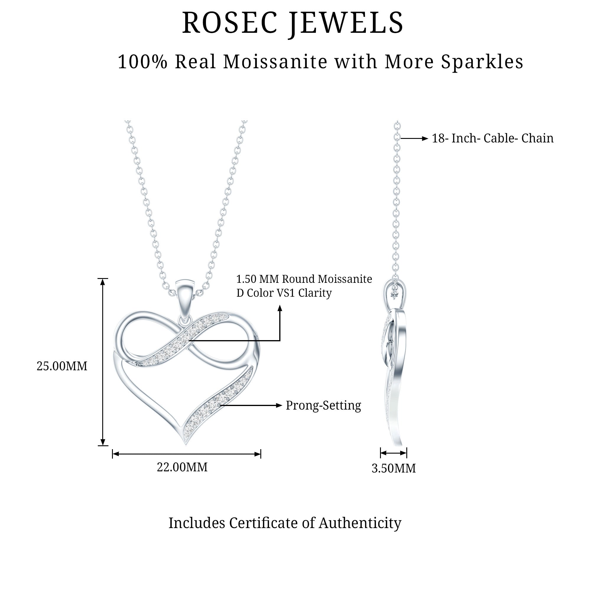 Certified Moissanite Heart and Infinity Necklace with Silver Chain