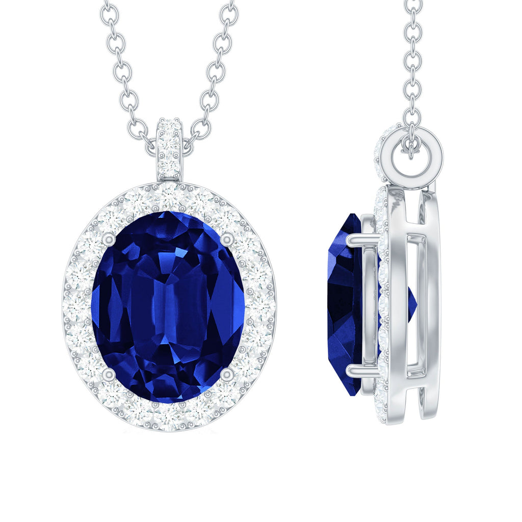 Oval Cut Created Blue Sapphire Statement Necklace With Chain