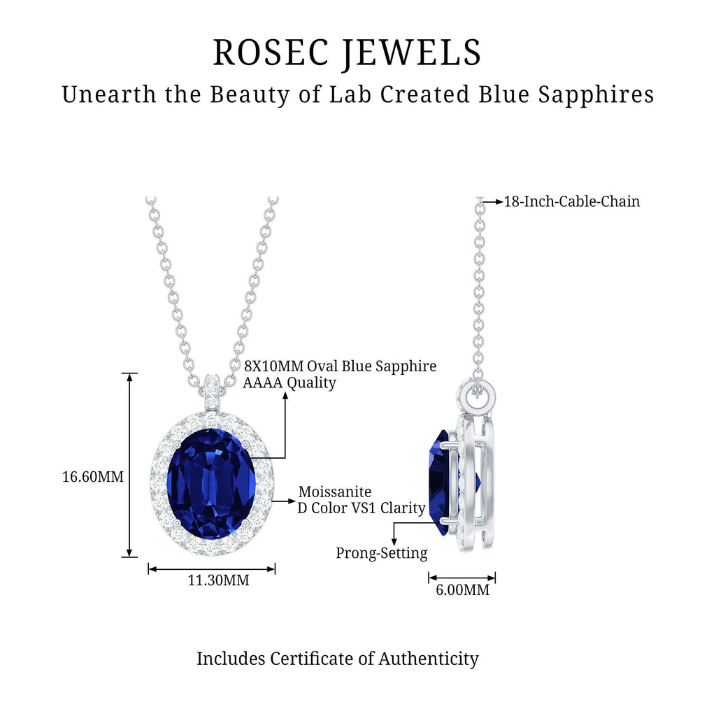 Oval Cut Created Blue Sapphire Statement Necklace With Chain