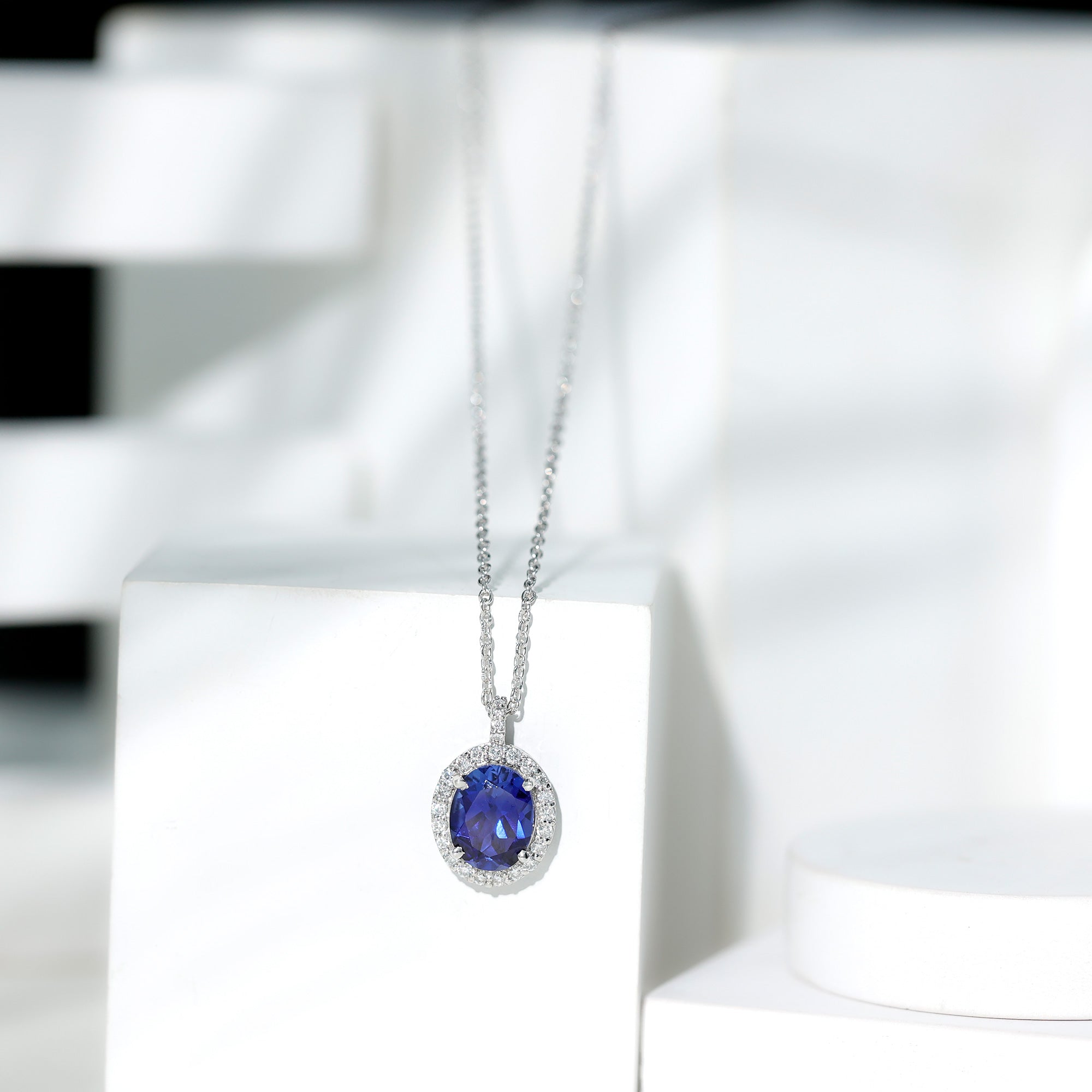 Oval Cut Created Blue Sapphire Statement Necklace With Chain