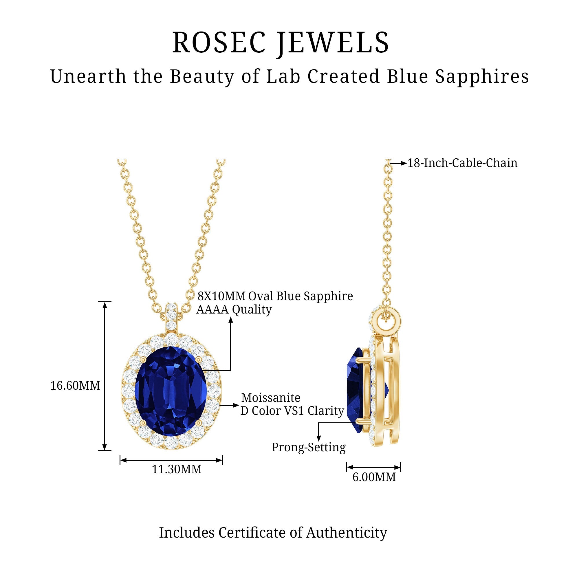 Oval Cut Created Blue Sapphire Statement Necklace With Chain