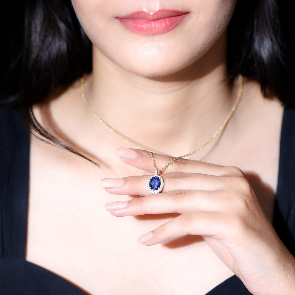 Oval Cut Created Blue Sapphire Statement Necklace With Chain