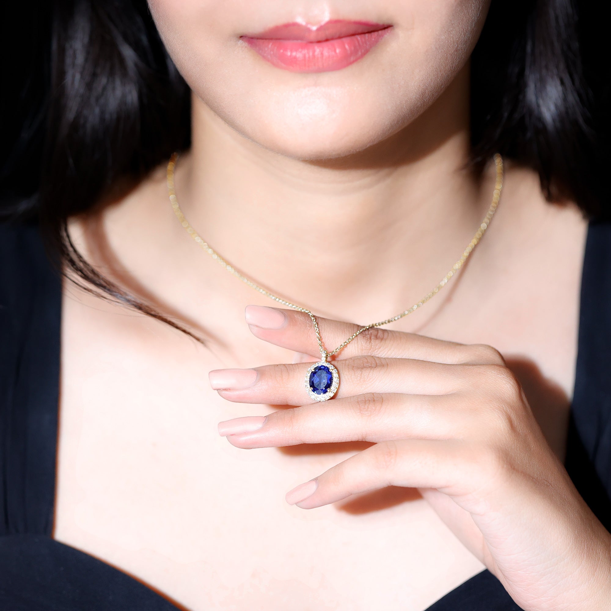 Oval Cut Created Blue Sapphire Statement Necklace With Chain