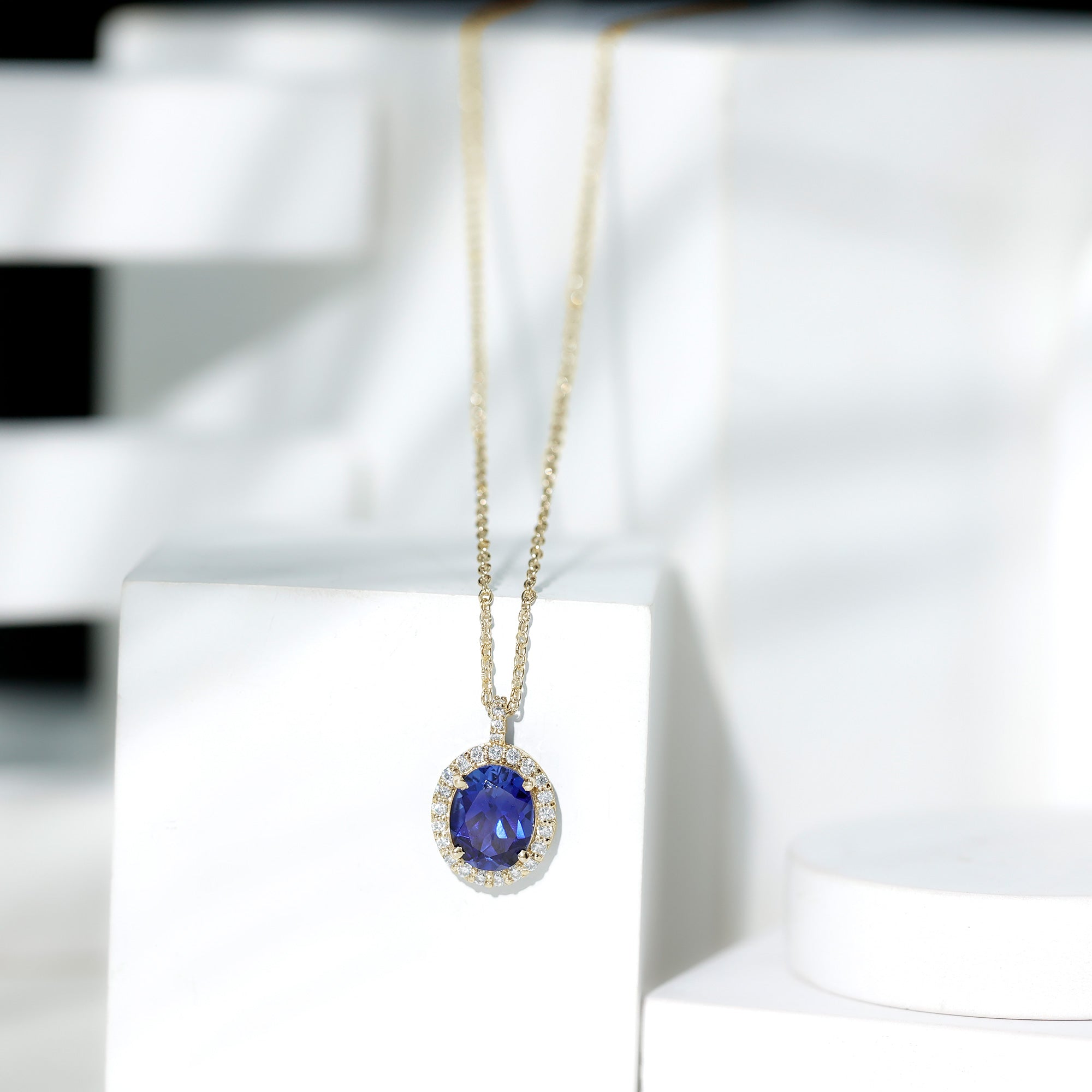 Oval Cut Created Blue Sapphire Statement Necklace With Chain