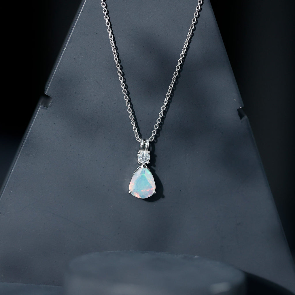 Real Ethiopian Opal Teardrop Necklace with Moissanite
