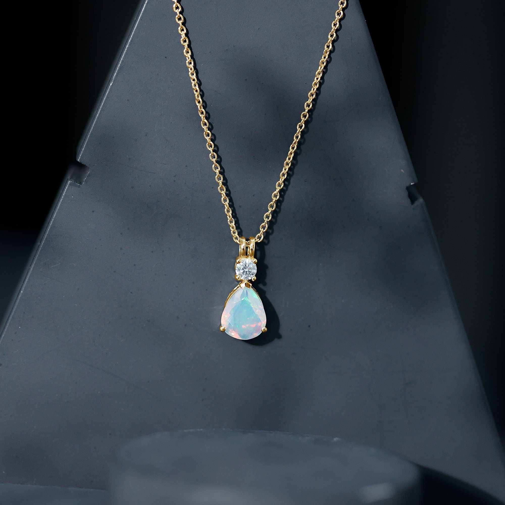 Real Ethiopian Opal Teardrop Necklace with Moissanite